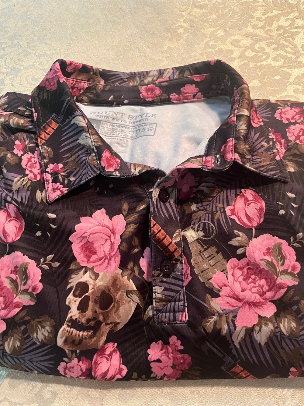 Grunt Style Men’s Polo - Black with Pink Floral & Brown Skull Accents